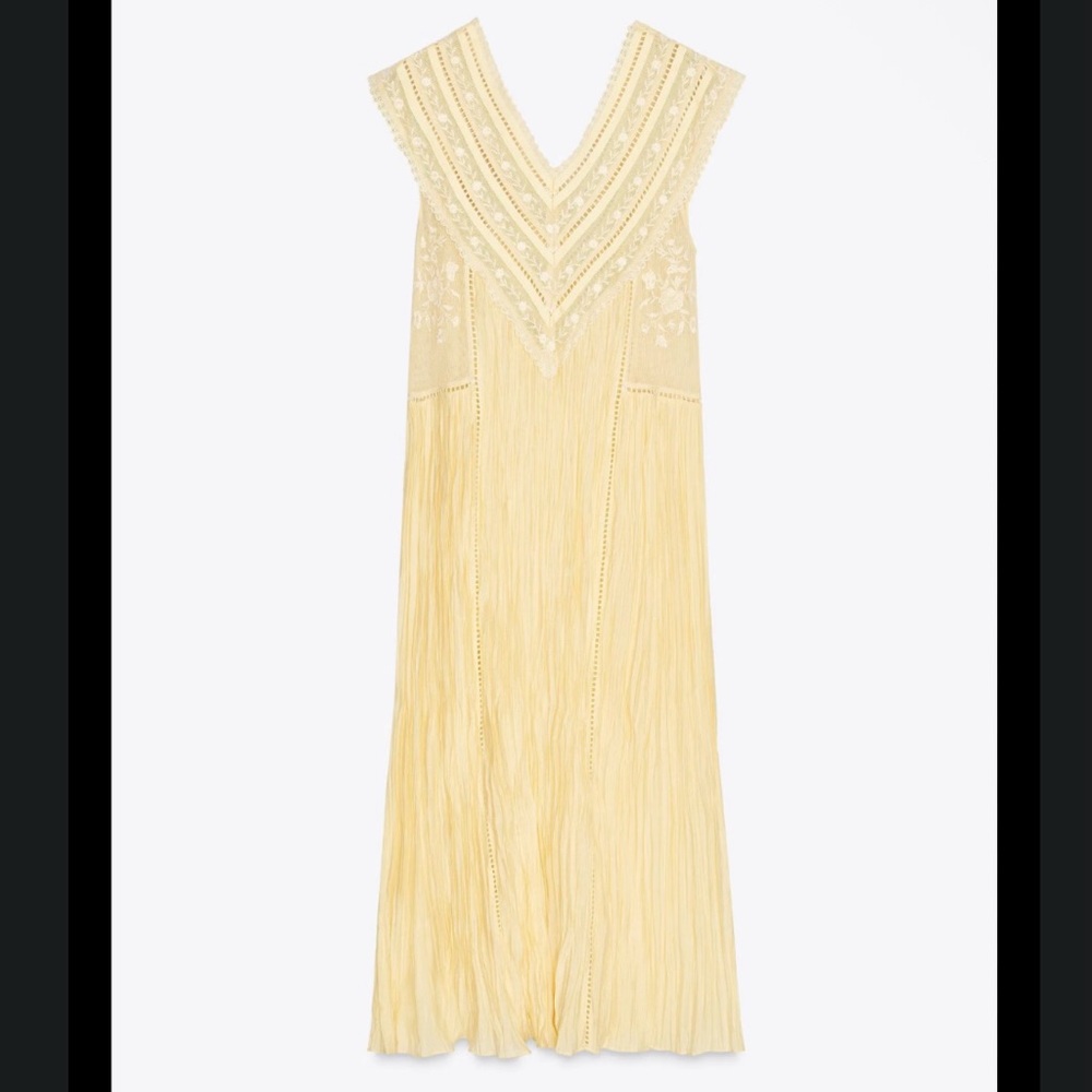 ZARA Butter Yellow Embroidered Pleated Dress Womens XS Fame